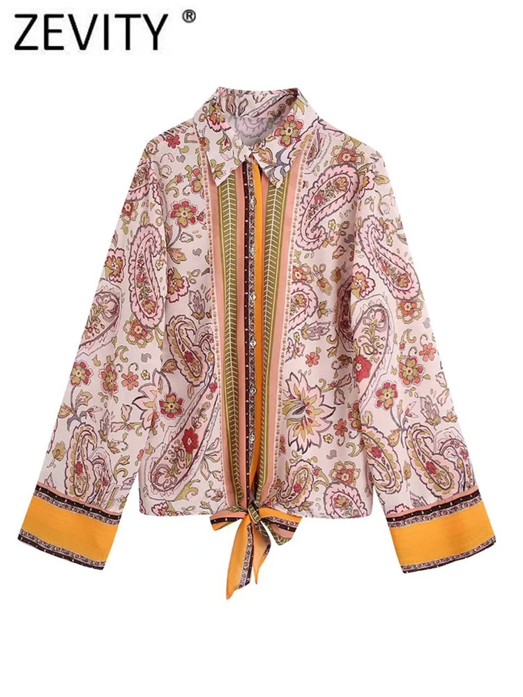 

Zevity Женская винтажная шифоновая рубашка контрастных цветов с Пейсли цветочным принтом Офисная Женская блузка с бантом на подоле шикарные Б...