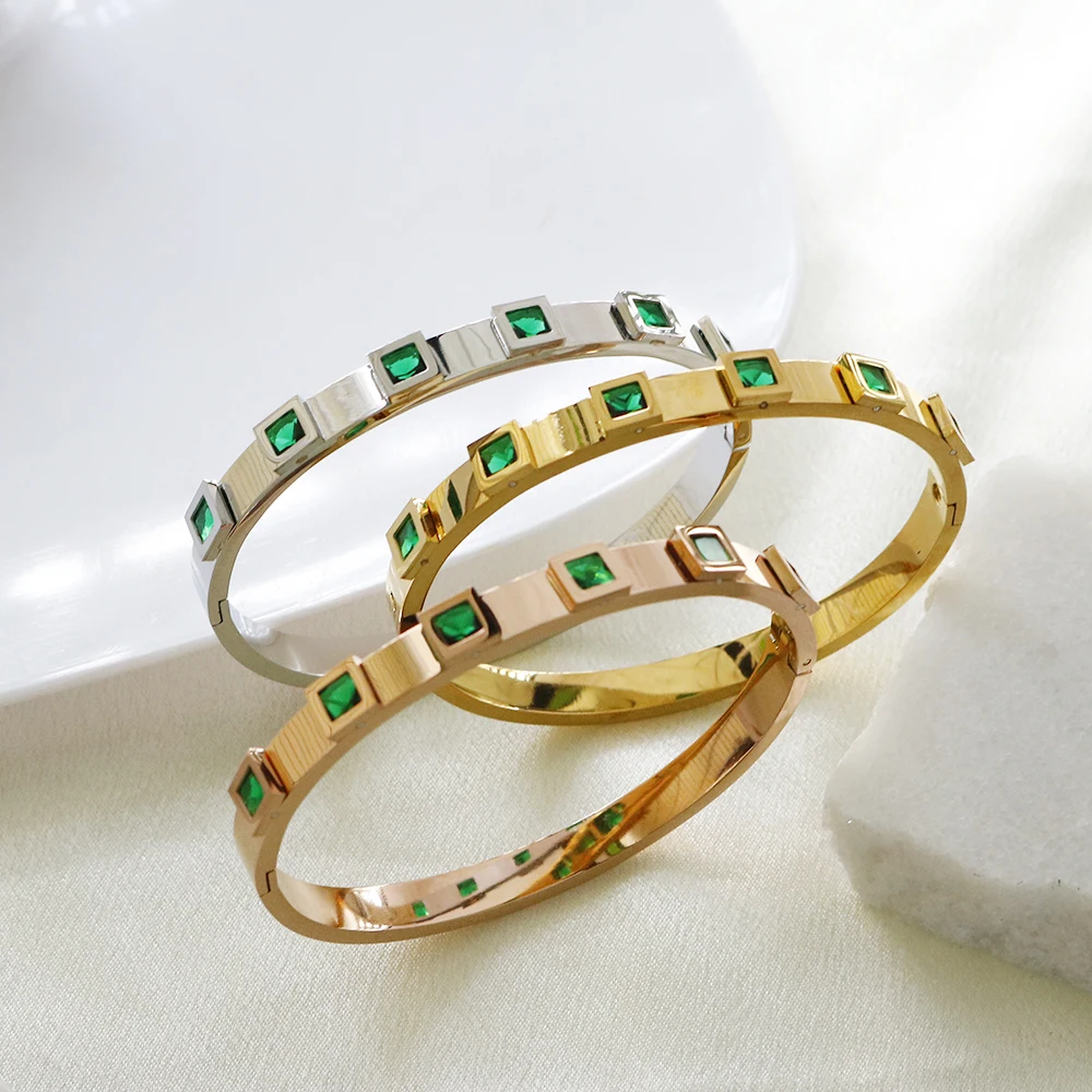 

Crystal Bangle Tarnish Free Fashion Jewelry Stainless Steel Jewelry For Women Colorful Square Shaped CZ Zircon Stone Bangle