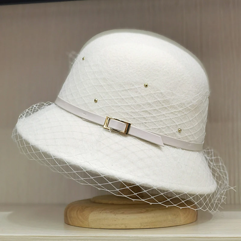 

NEW Women Winter Fedora Hat Crystal Veil Fascinator Hats Round Top Belt Wool Felt Hats Bucket Church Dress Cloche Hat