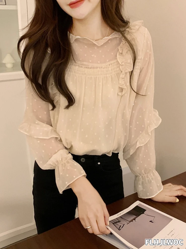 

Ruffled Autumn Spring Office Lady Work Wear Women Stand Collar Tops Basic Shirts Blouses Cute Japan Korea Chic Fashion Clothes