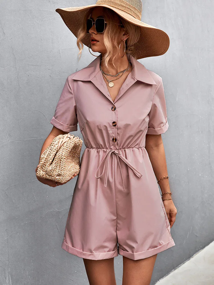 

Womens Turn-down Neck Buttons Short Jumpsuit Summer Solid Casual Lace Up Short Sleeve Wide Leg Playsuit Women Shirt Jumpsuits