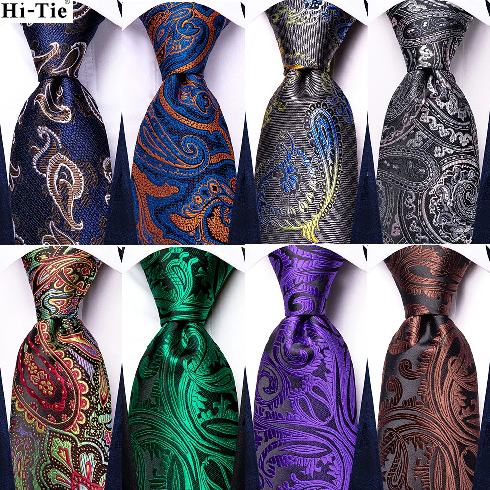 

Paisley Orange Blue Men's Ties Hanky Cufflinks Set Silk Necktie For Men Wedding Party Business 2022 New Fashion Brand Hi-Tie