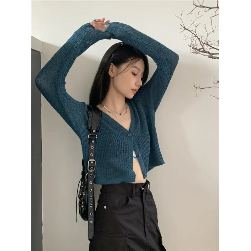 

Тонкий трикотажный кардиган с длинным рукавом и V-образным вырезом, Новинка осени, свободное универсальное короткое пальто, топ, 2022