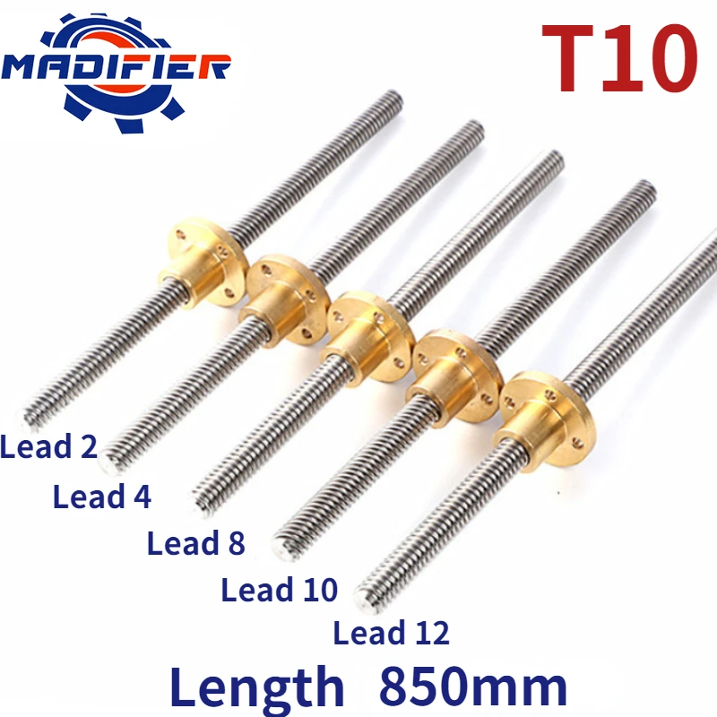 

304 stainless steel T10 screw length 850mm lead 2mm 12mm trapezoidal spindle screw 1pcs With copper nut