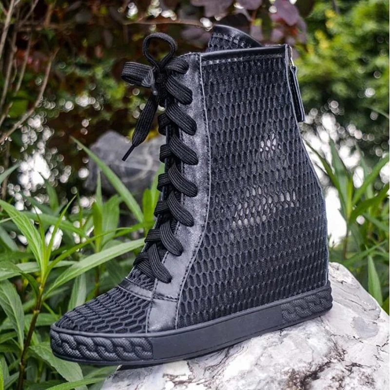 

Fashion Black Net Yarn Height Increasing Ankle Boots Round Toe Lace Up leisure Sneakers Rubber Sole Wedge Short Bootie