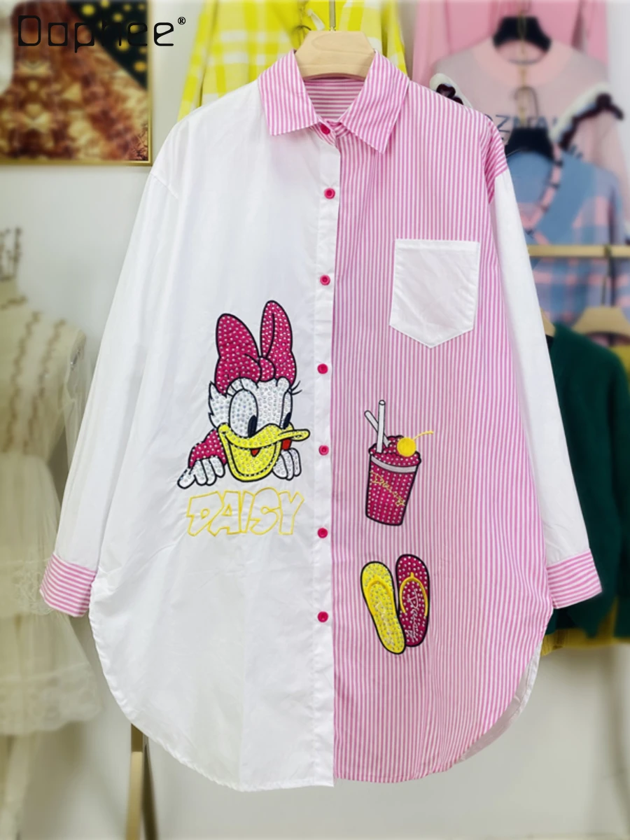 

Cartoon Pattern Rhinestone Striped Stitching Shirt for Women Autumn New Classic Lapel Pocket Color Matching Long Sleeve Shirts