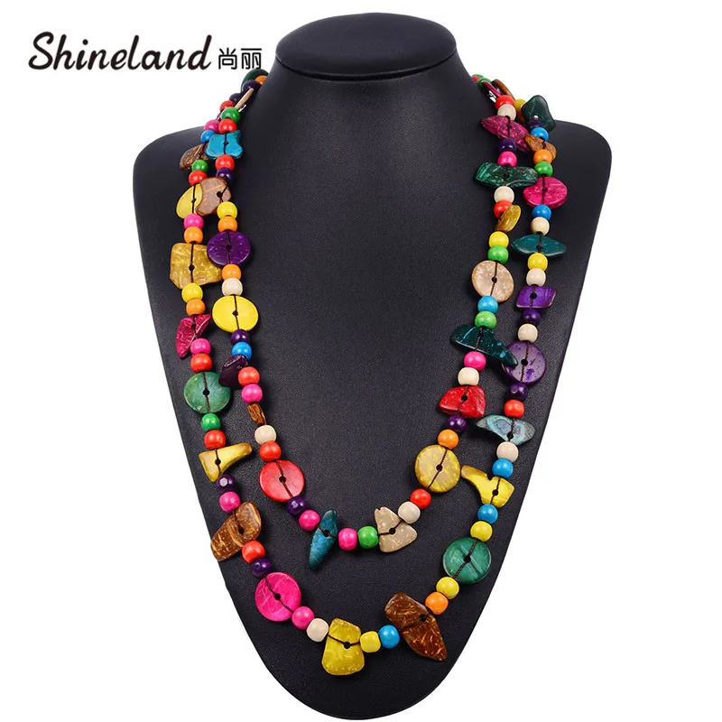 

Shineland Colorful Wooden Long Necklace Nature Coconut Shell Handmade Rope Chain Bohemian Statement Big Ethnic Jewelry 2023