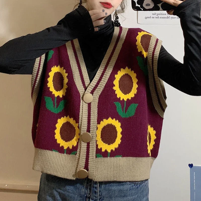 

Осенний трикотажный кардиган с V-образным вырезом без рукавов, женская одежда, свободный свитер в стиле преппи на пуговицах, женское милое п...