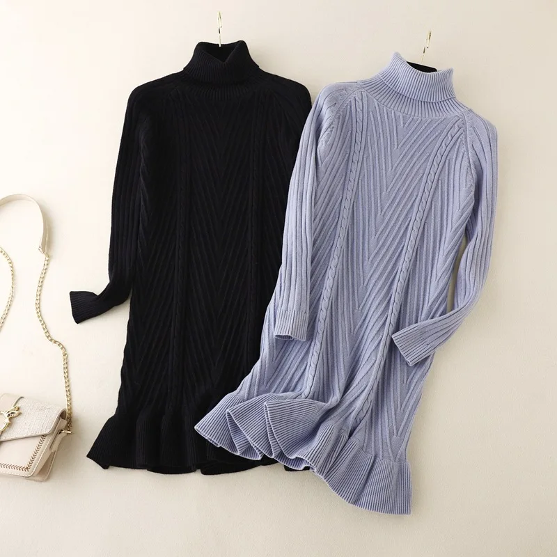

Elegant Knitted Ruffles Mini Dress Women Clothing Autumn Winter 2022 New Fashion Sweater Women Black Fishtail Dress Vestidos