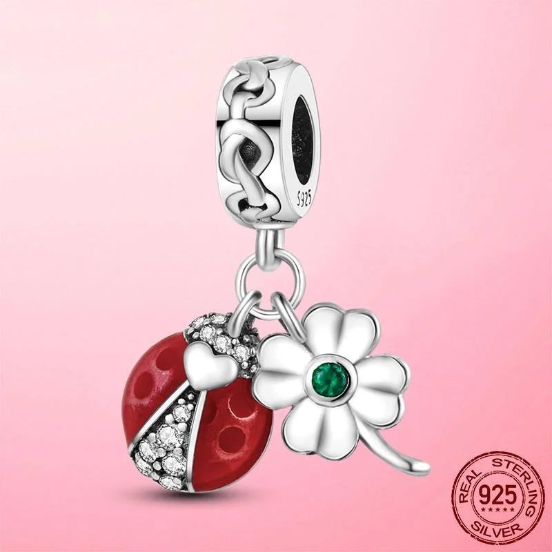 Серебряный Амулет Lucky Charm 925 божья коровка клевер подкова жемчуг подходит для