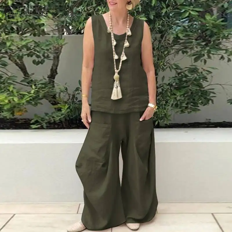 

2022 Summer Fashion Sleeveless Pant Sets Women Casual Cotton Urban Tracksuit ZANZEA Vintage Loose Holiday Matching Sets OL Suits