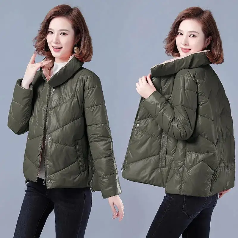 2023 Autumn Winter Bright Face Padded Jackets Women Short Coat Loose Stand-Up Collar Fashion New Black Down Cotton Jacket Female