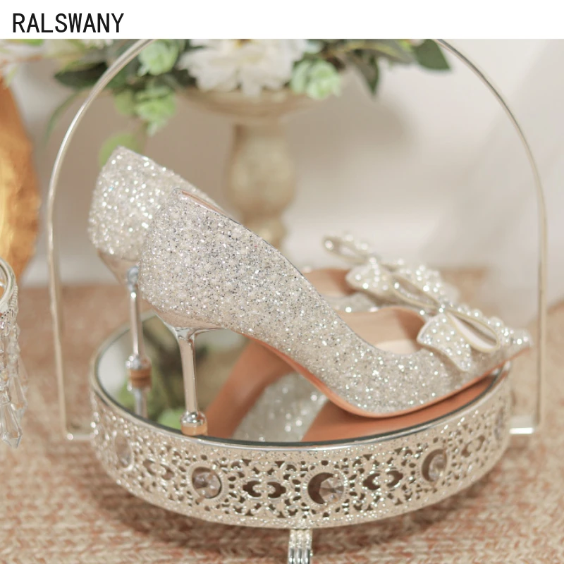 Stylish Wedding Banquet High Heels Women's Shoes Luxury Zapatos De Mujer Thin Heel Bow Full of Diamonds Mary Jane Shoes