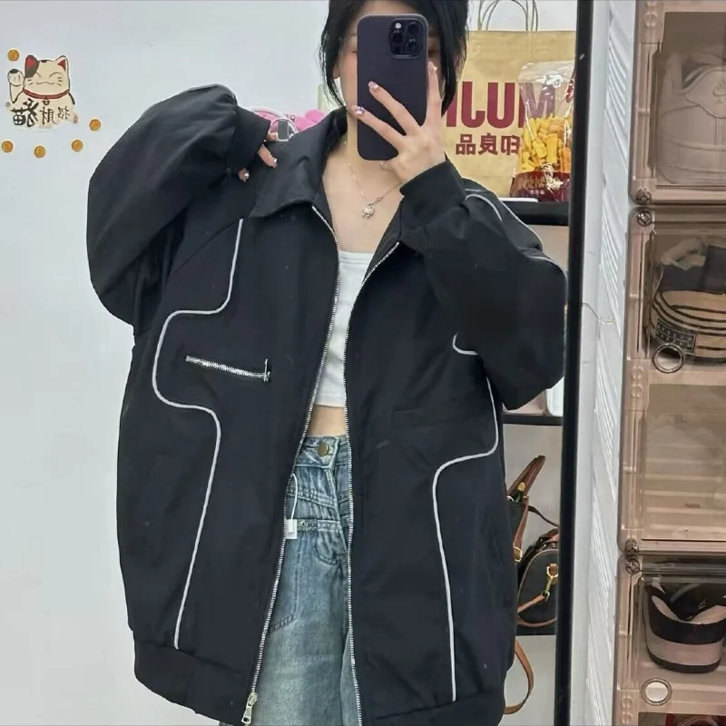 

QWEEK Vintage Harajuku Women's Windbreaker Jacket Black Oversize Baseball Jacket Korean Streetwear Fashion Couple Techwear Goth