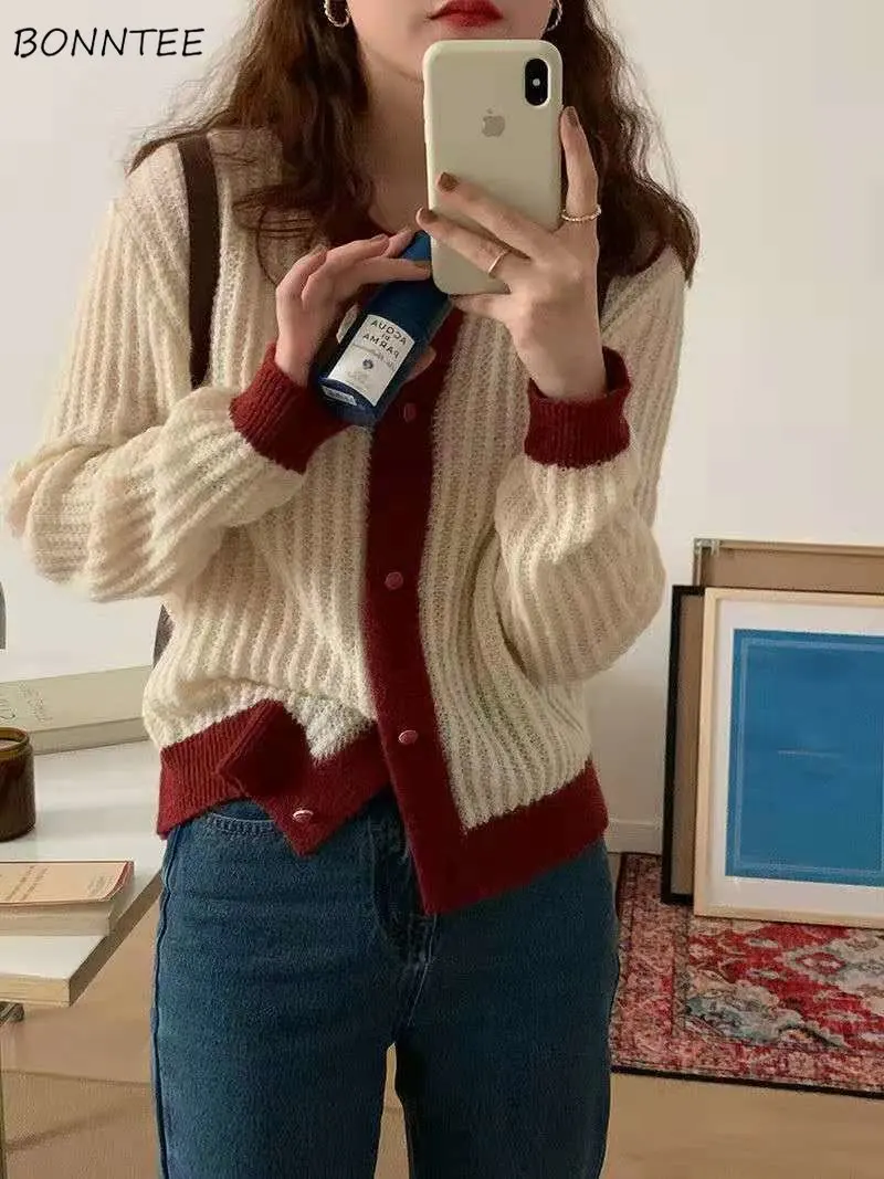 

Panelled Casual Cardigans Women Fall New Korean Fashion Sweaters All-match Simple Ins Chic Young Ladies Preppy Patchwork Knitted