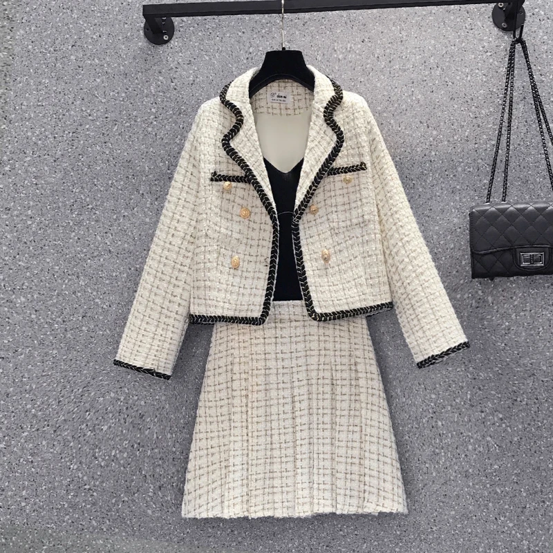 

Fall Small Fragrance Vintage Two Piece Set Women Crop Top Short Blazer Jacket Coat + Mini Pleated Skirts Sets 2 Piece Suits