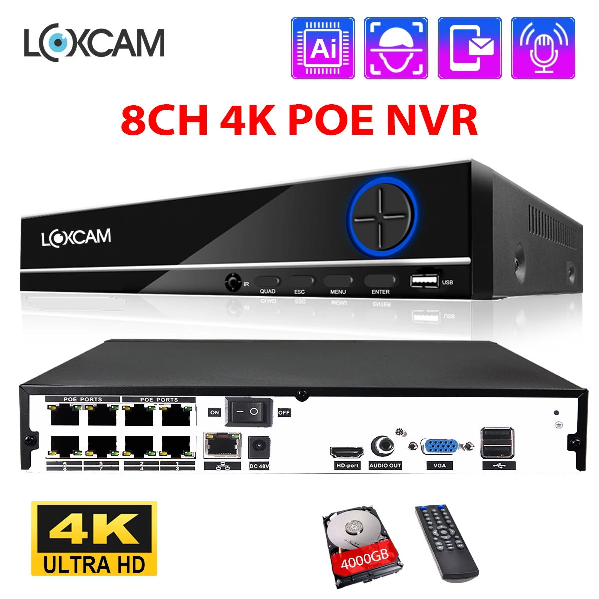 Дешево Сетевой видеорегистратор LOXCAM H.265 + 8CH 4K CCTV, сетевой видеорегистратор POE NVR с Ии и функцией распознавания лица, 8 Мп, 5 Мп, 48 В для камеры видеонабл...