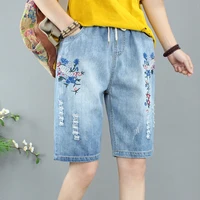 high waist denim shorts women 2022 new summer elastic waist jeans shorts femme loose floral embroidered short jeans feminino