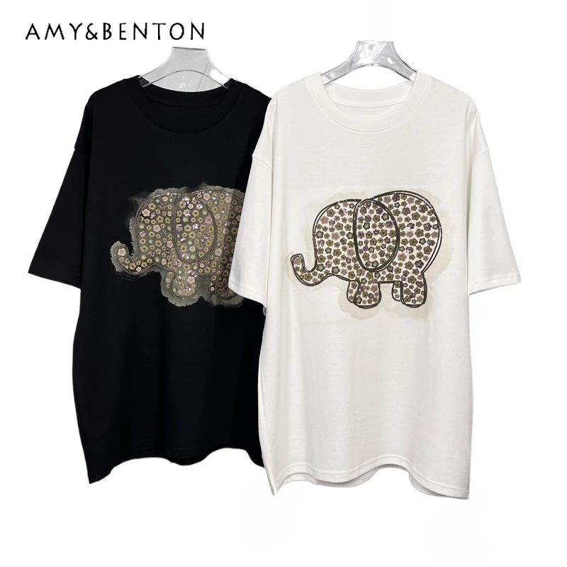 

Fall 2023 New Cartoon Elephant Machine Embroidery Sequined Korean Style Loose Slimming Short Sleeve T-shirt Women's Top Pullover