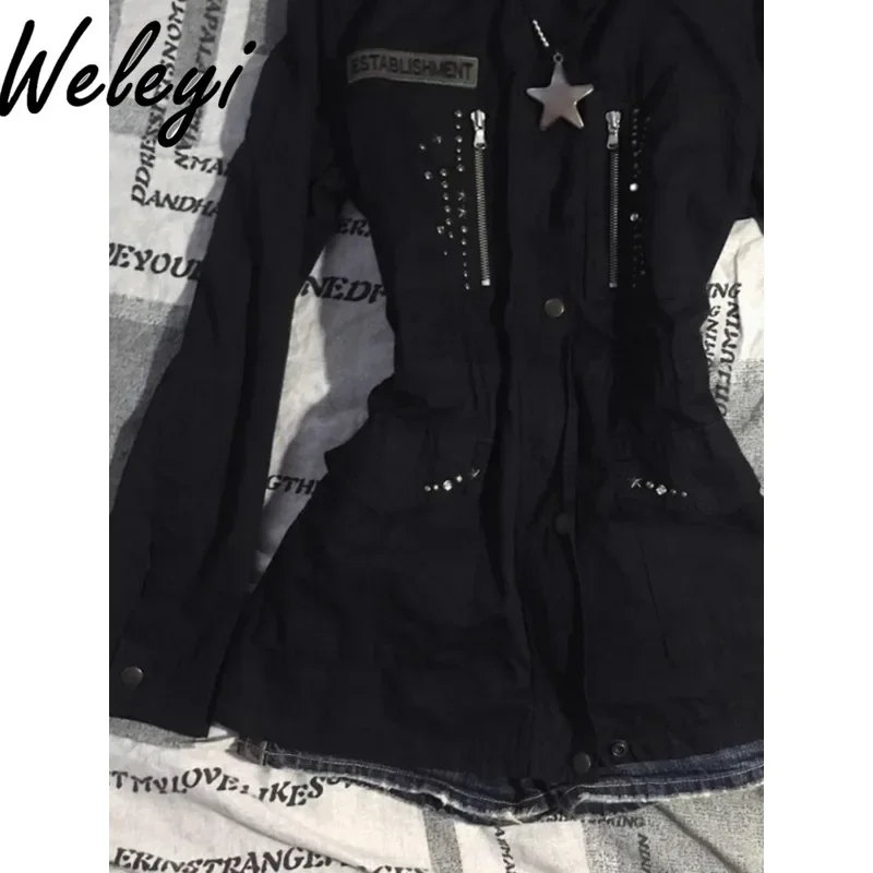 Готическая черная куртка с лацканами женская осенняя американская ретро-мода