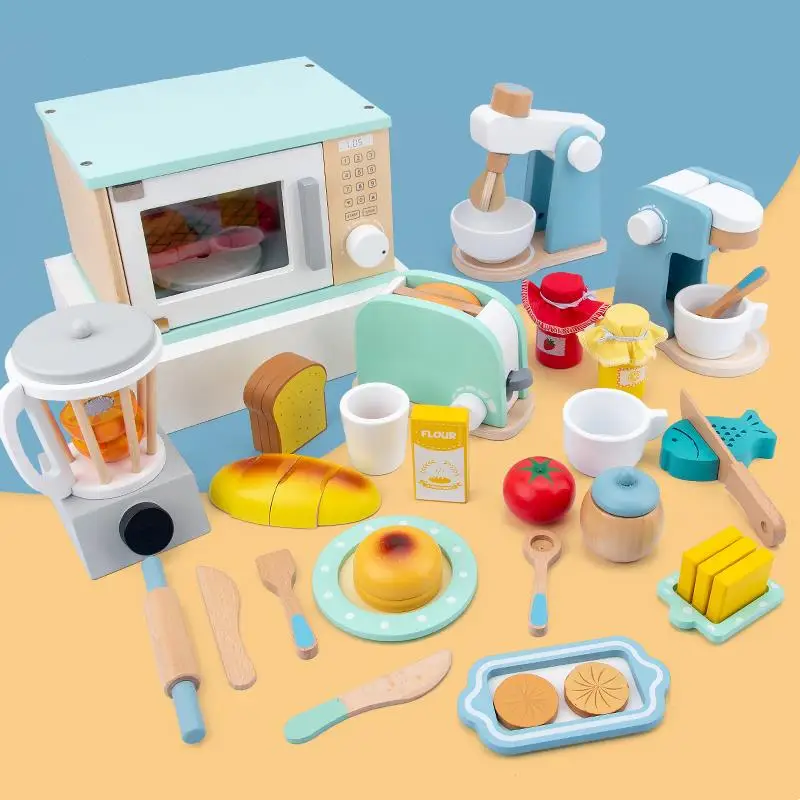 

Wooden Kid's Simulation Real Life Kitchen Toy Set Game Early Education Toy Bread Machine Coffee Maker Mixer Baby Educational Toy