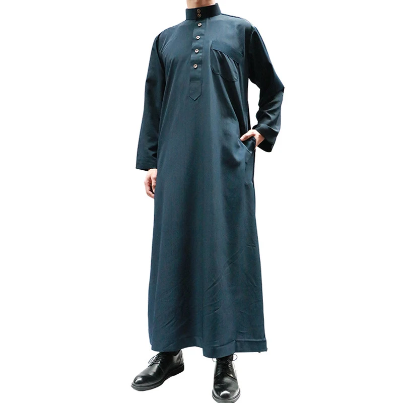 Popular Muslim Men'S Hui Robe Long-Sleeved Stand-Up Collar Casual Solid Color Pakistani Arab Islamic Clothing Мусулманские Плати