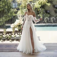 off the shoulder boho wedding dresses long sleeves high slit lace bride dresses pleated tulle beach wedding gowns