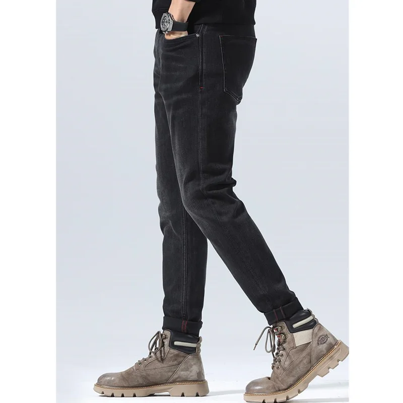 Streetwear Men New Black Thick Straight Jeans Elastic Force Self-cultivation Vintage Large Pencil Pants Female Autumn and Winter