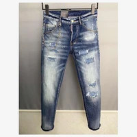 new stitching mens slim jeans straight leg motorcycle rider hole pants jeans man 9821