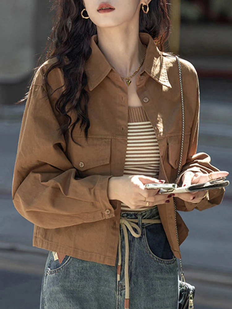 

Vintage Shirts Women Autumn Brown Lapel Cropped Blouse Female Korean Fashion Single Breasted Long Sleeve Basic Blouses Ladies