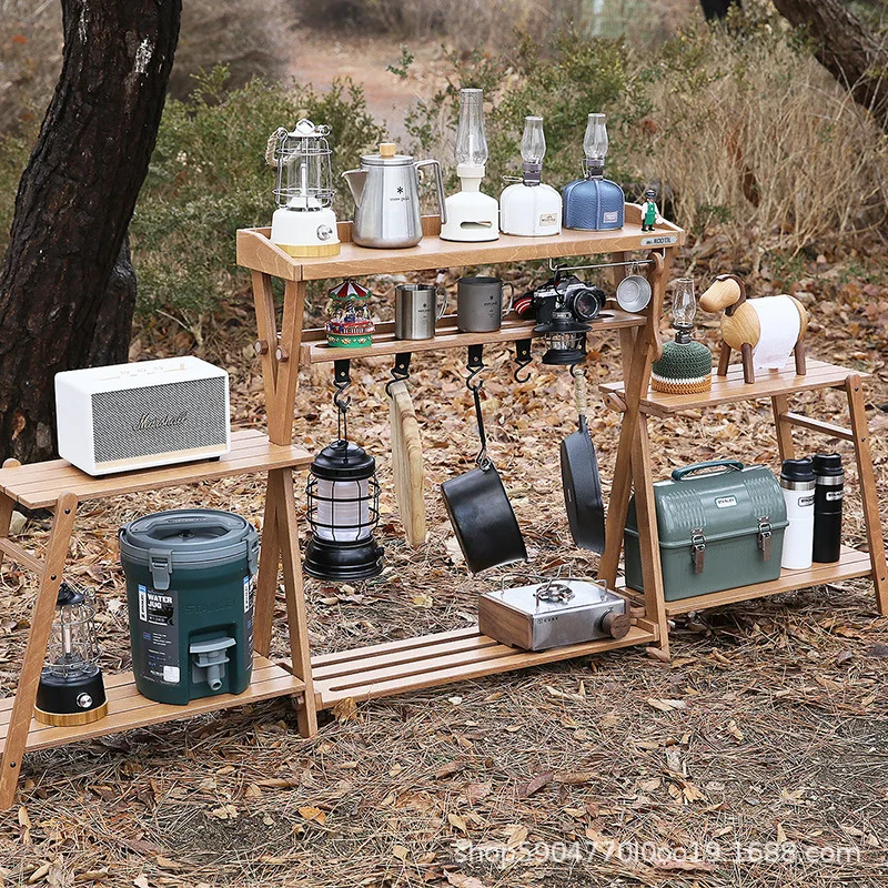 

Outdoor Picnic Foldable Portable Camping Wooden Table Camping Barbecue Rack Egg Roll Table Light Holder Car Artifact