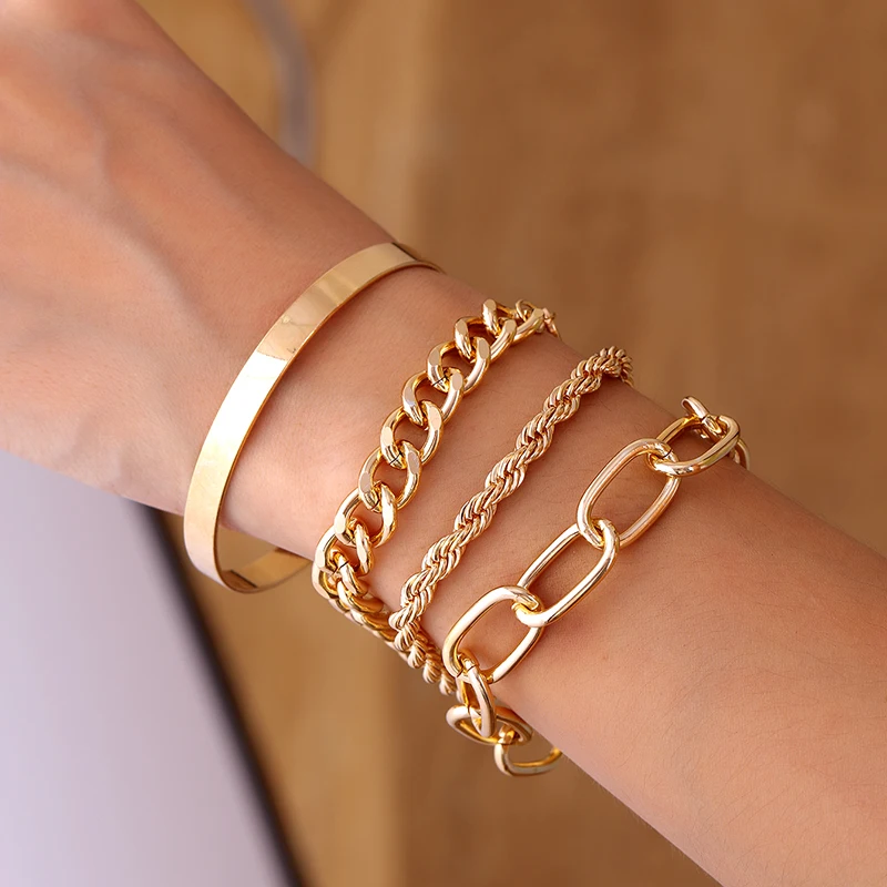 

4Pcs Chain Bracelet Set for Women Vintage Punk Curb Cuban Chunky Thick Gold Color Bracelets Bangles Fashion Boho Jewelry Gift