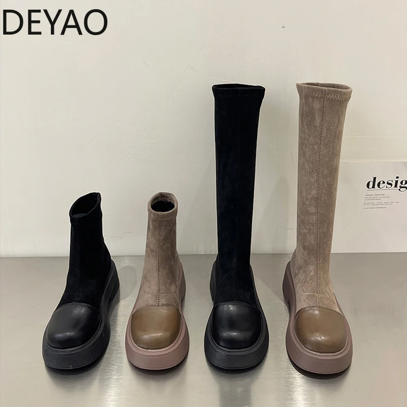 

Женские замшевые сапоги до колена, на платформе, с круглым носком