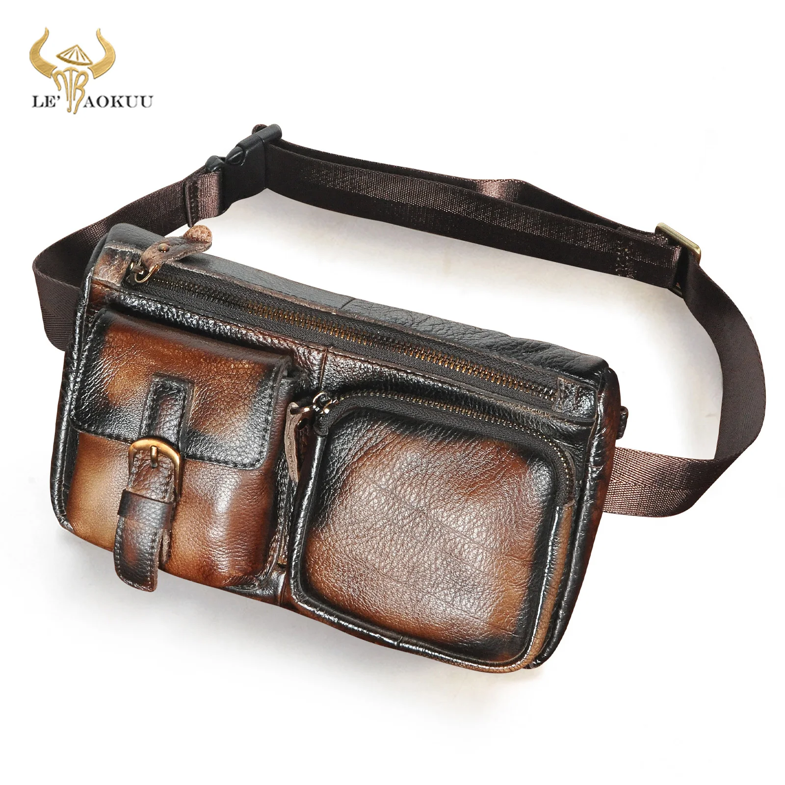 Hot Sale Genuine Leather Travel Retro Fanny Waist Belt Bag Chest Pack Sling Bag Design Phone Cigarette Case For men Male 811-10