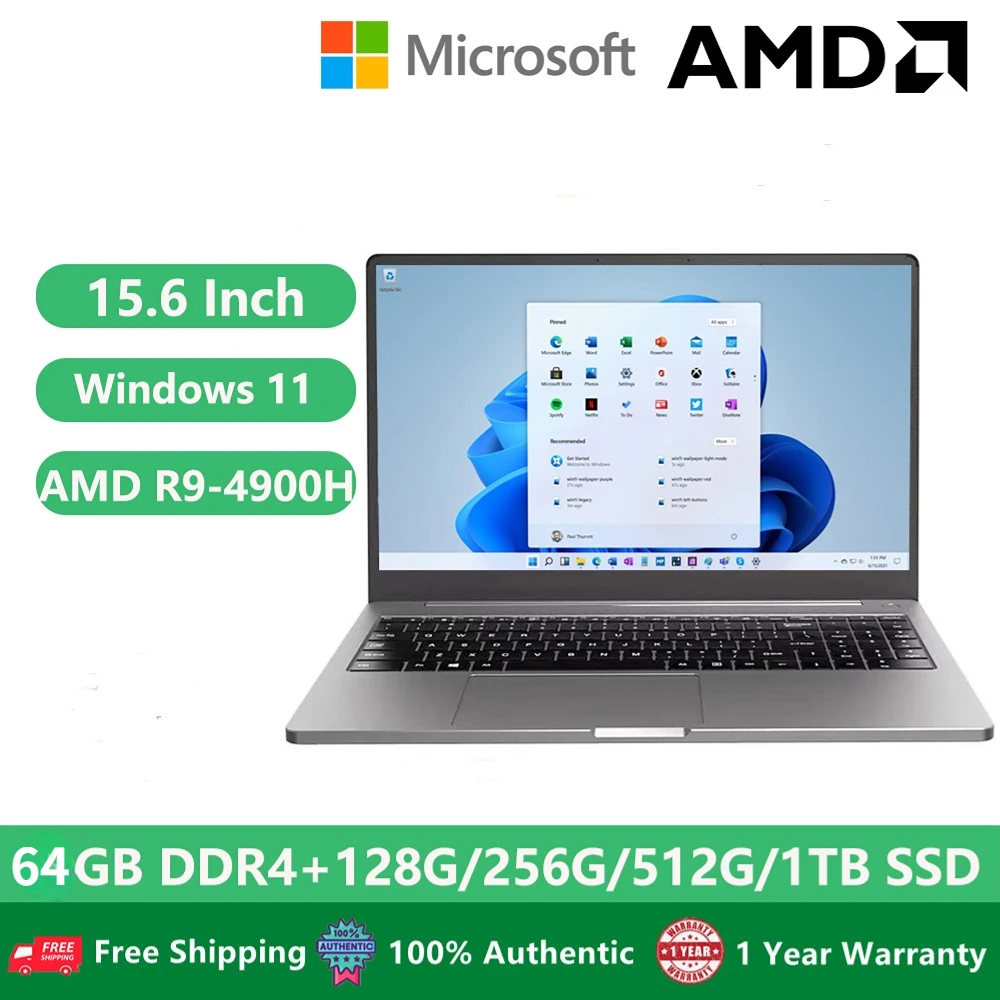 2023 офисные ноутбуки AMD Windows 11, деловые Игровые ноутбуки 15,6 дюймов AMD Ryzen R9 4900H 64 ГБ + стандартная русская клавиатура, Wi-Fi, сканер отпечатков пальцев