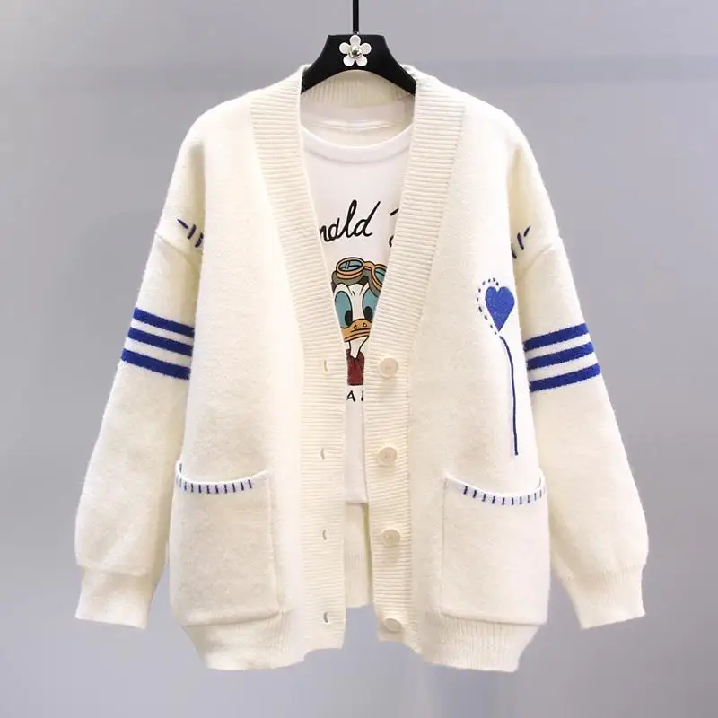 Женский свободный вязаный кардиган повседневный белый свитер с длинным рукавом