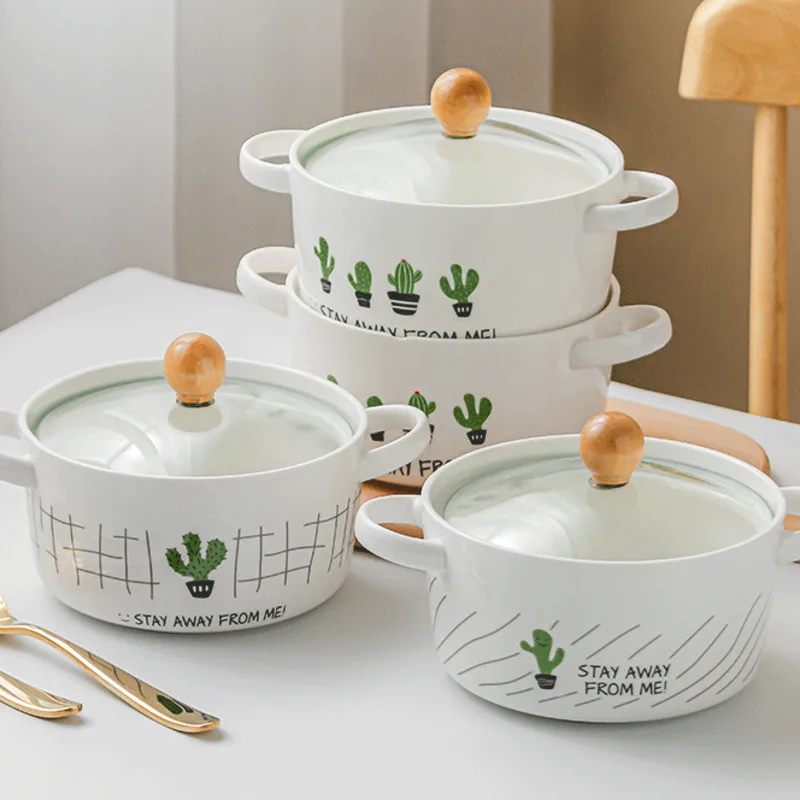 

Креативная керамическая тарелка для лапши быстрого приготовления со стеклянной крышкой, с мультяшным рисунком кактуса, Классическая Супов...