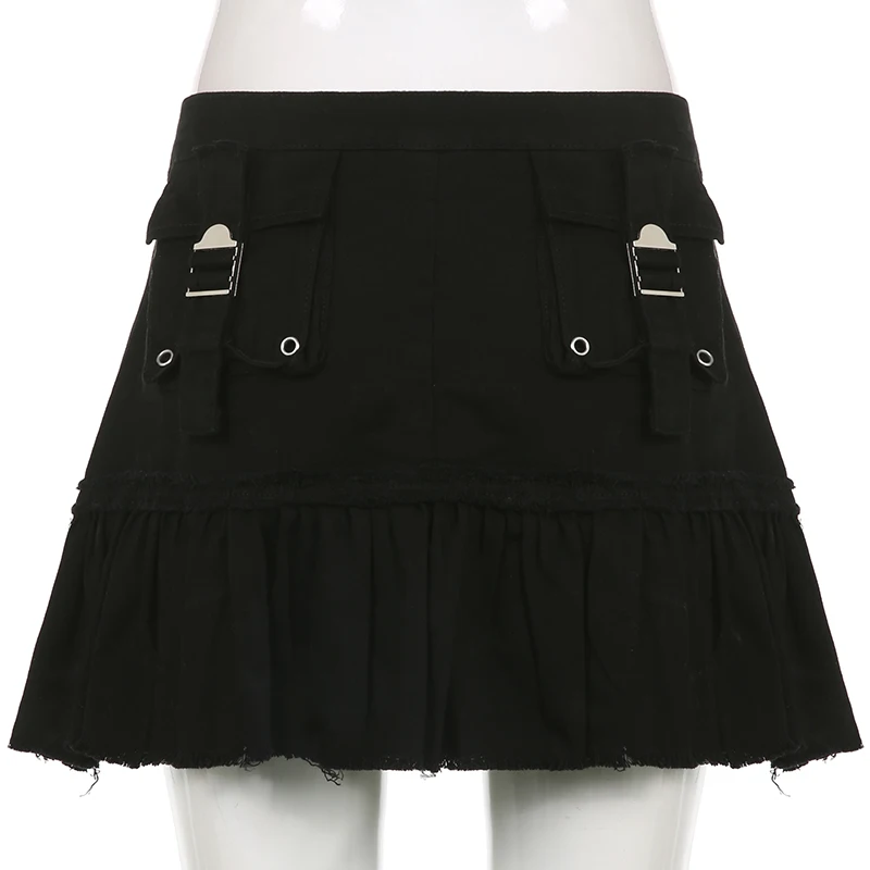Y2K Dark Academia High Waist Frill  Pleated Denim Skirt Harajuku Grunge Zipper Mini Skirt E-girl Gothic Mall Goth Streetwear images - 6