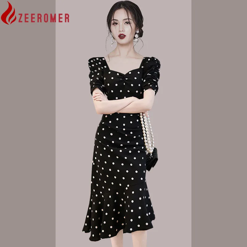 

Женское платье в горошек, Элегантное черно-белое платье-футляр с квадратным вырезом и пышными рукавами, офисное платье миди с юбкой-годе, лето 2022