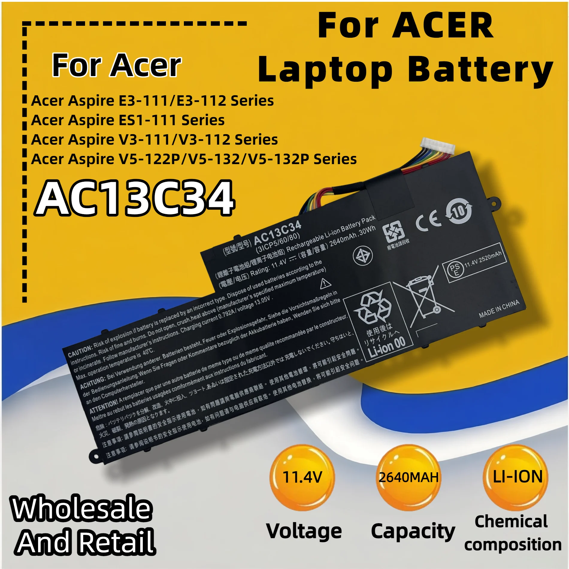 Фото Аккумулятор для ноутбука FRLESUI для Acer AC13C34 Aspire V5-122P V5-132 E3-111 E3-112 ES1-111M MS237 KT.00303.005 11,4 В 2640 мАч/30 Втч №2