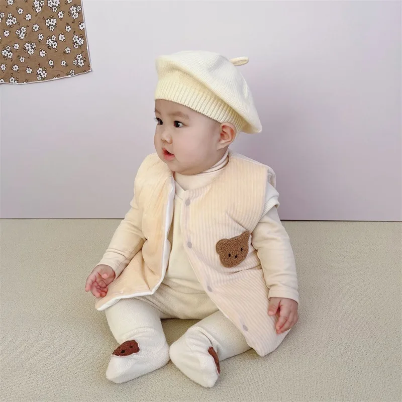 

Newborn Romper Solid Color Cute Bear Pattern Print Jumpsuit Baby Winter New Three Layered Cotton Windproof Keep Warm Romper Vest