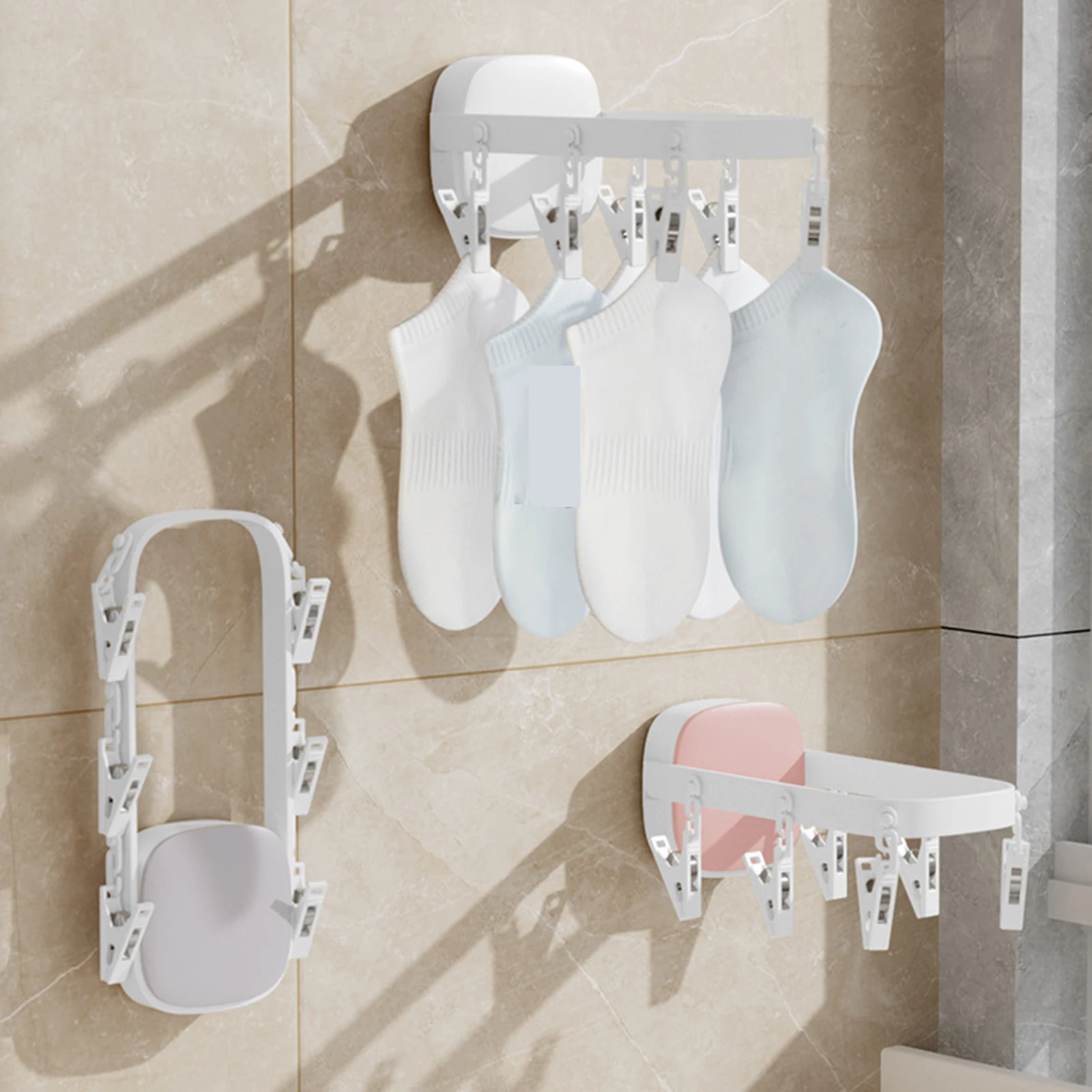 

Wall-mounted Punch-free Bathroom Towel Rag Multi-clip Drying Socks Clip Balcony Underwear Panties Foldable Drying Rack Hangers