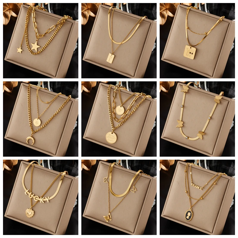 

XIYANIKE 316L Stainless Steel Women's Necklace Double Layer Gold Color Geometric Pendant Necklaces Women Fashion Girls Jewelry