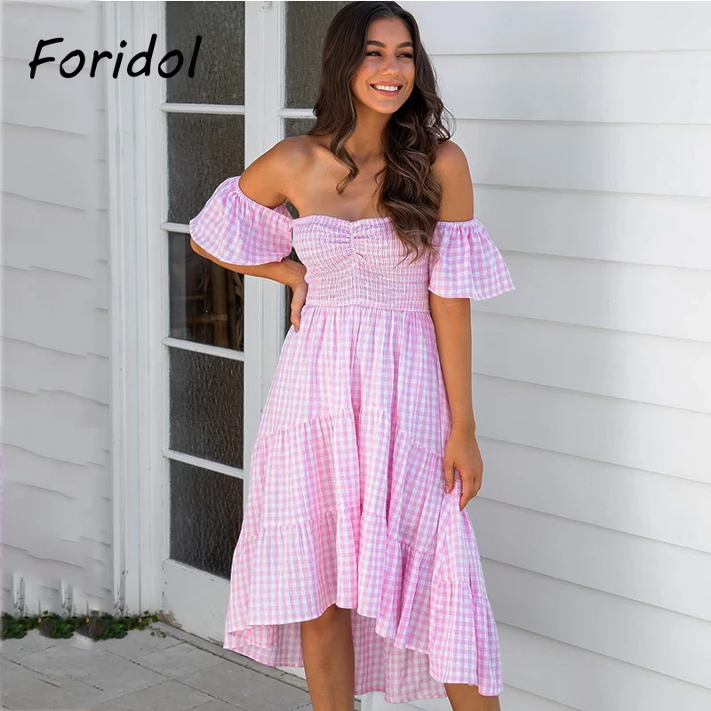 

Женское асимметричное платье с открытыми плечами, розовое платье в клетку с расклешенным рукавом, летнее платье, вечернее клетчатое повсед...