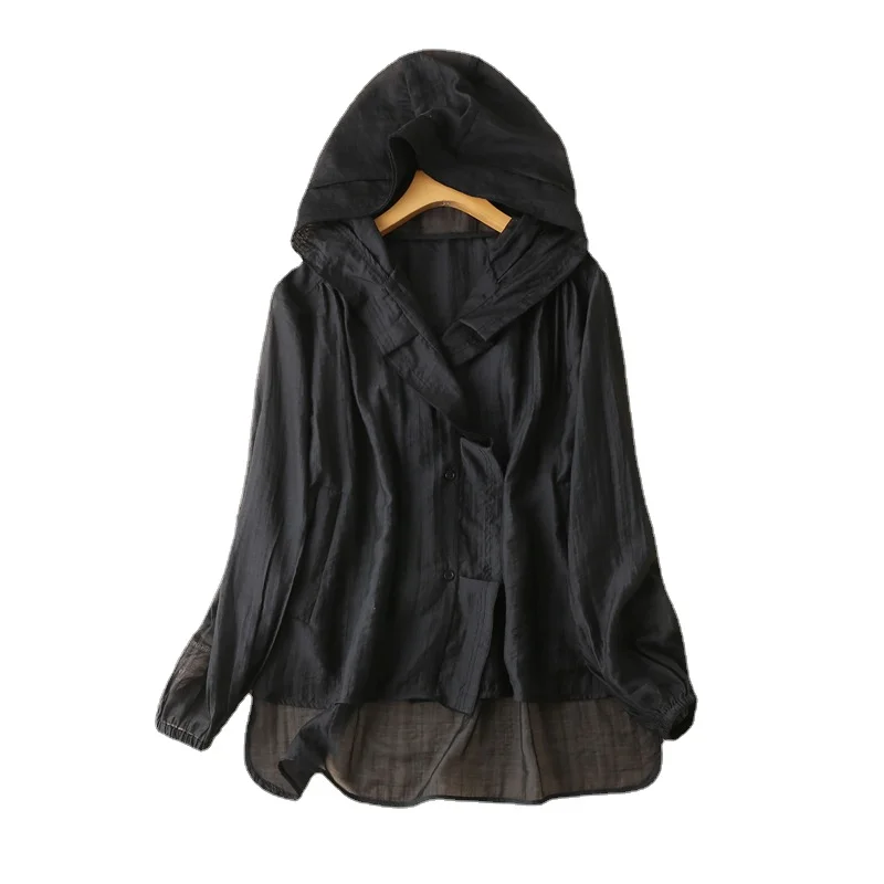 

Summer Jacket Women 2022 White Loose Black Hooded Polyester Solid Casual Thin See Though Outerwear & Coats