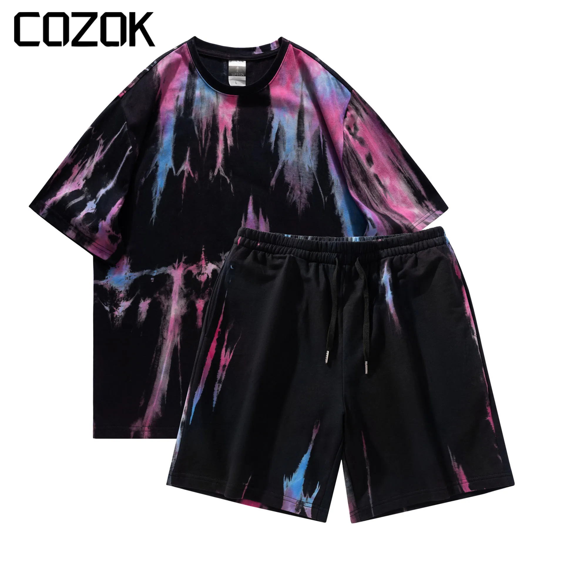 

Костюм мужской/женский летний с коротким рукавом, блузка с принтом в стиле хип-хоп, цвет черный, потертая ткань + искусственная кожа, однотонный костюм в стиле ретро