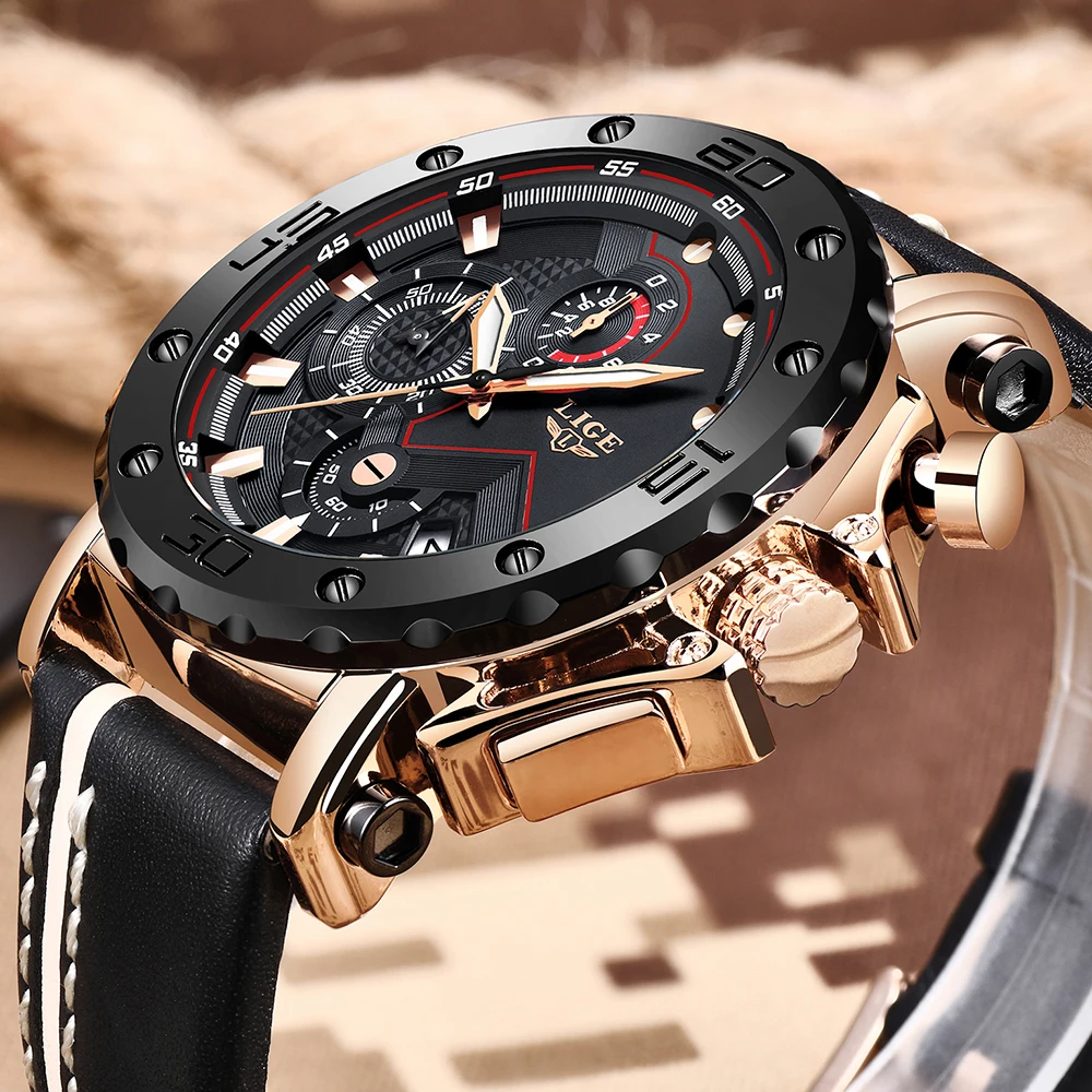 LIGE модные кожаные мужские часы с большим циферблатом Лидирующий бренд Роскошные