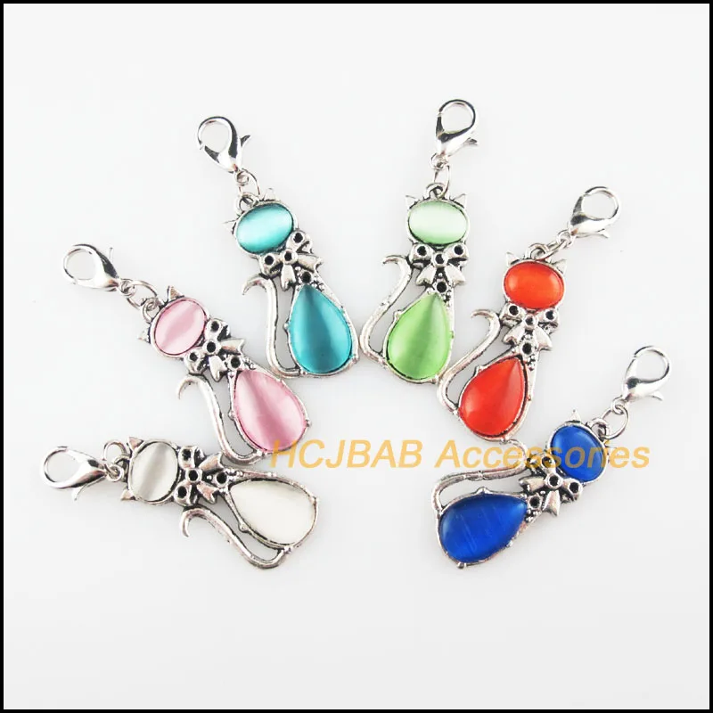 

Fashion New 12Pcs Tibetan Silver Plated Animal Cat Mixed Stone Charms Pendants With Lobster Claw Clasps 13x29mm