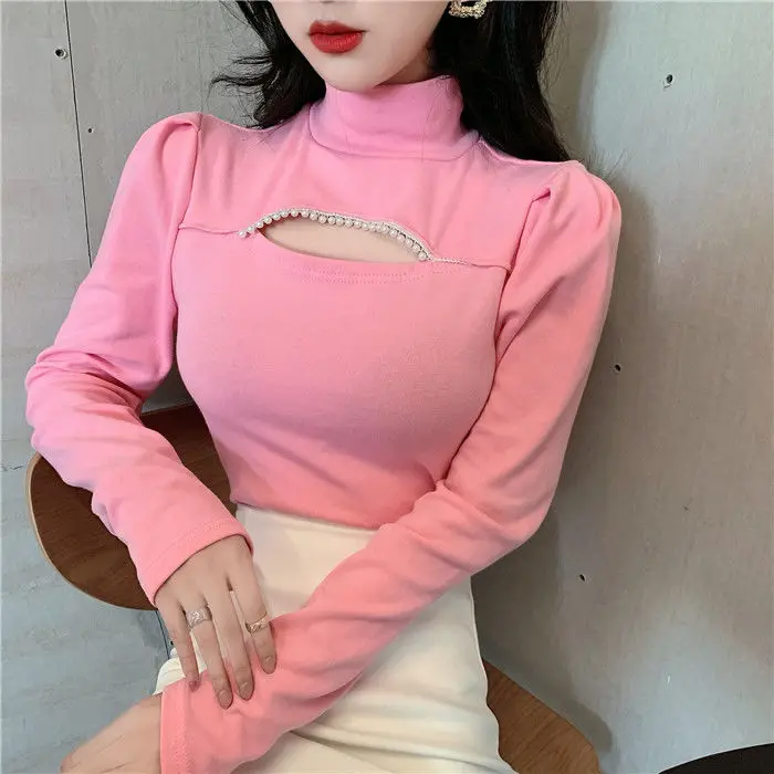 Женские футболки топ с бисером для женщин осенне-зимние розовые длинным рукавом |
