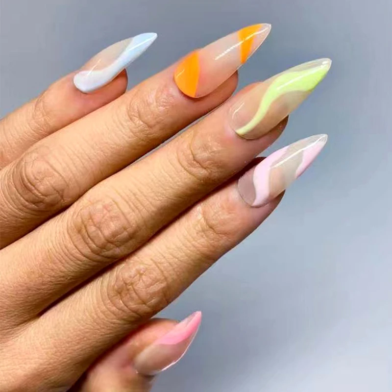 

24 шт., накладные ногти с клеем, радужные цветные линии, длинная головка, накладные ногти, носимые накладные ногти с желеобразным гелем